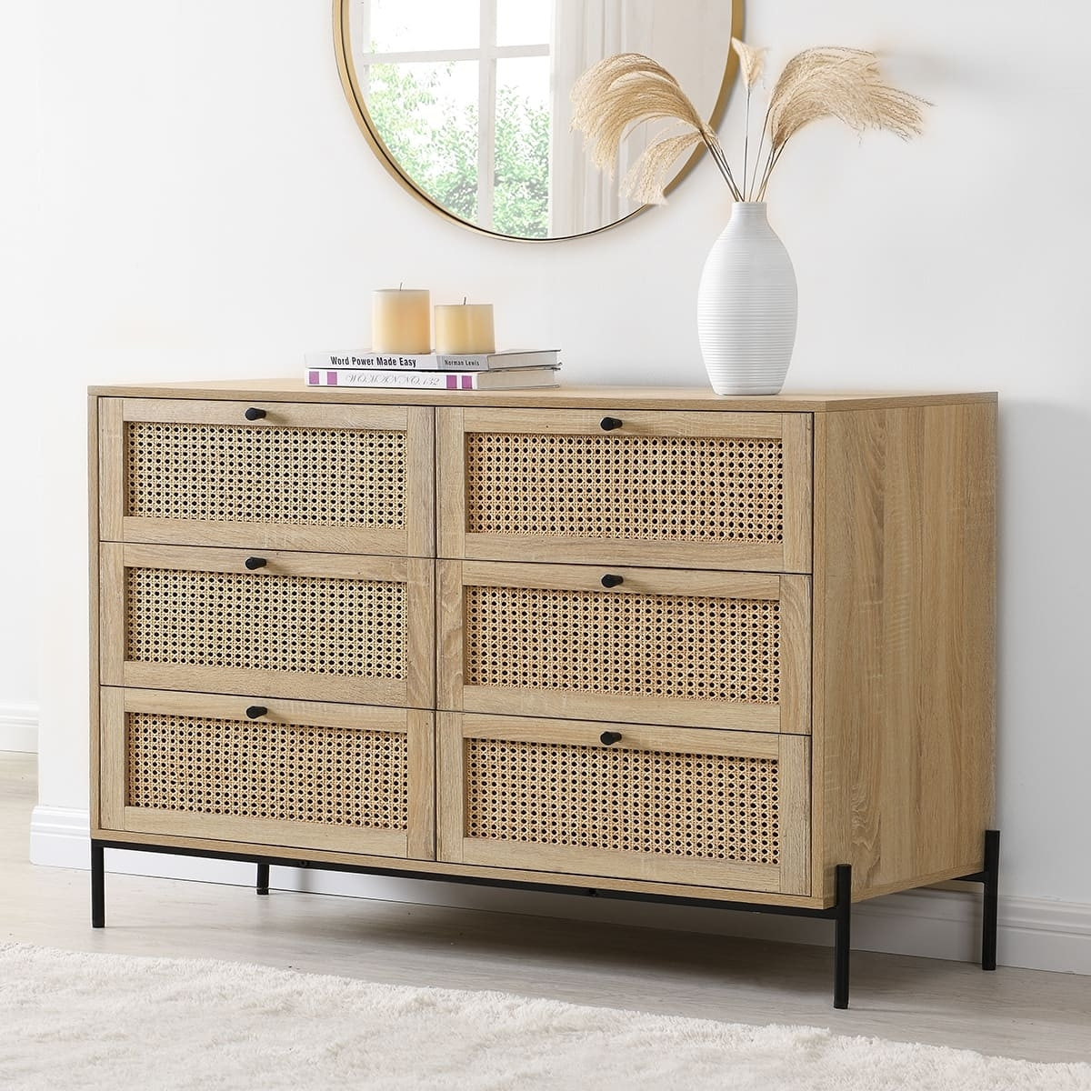 Commode 6 tiroirs en cannage et effet chêne - IRIS
