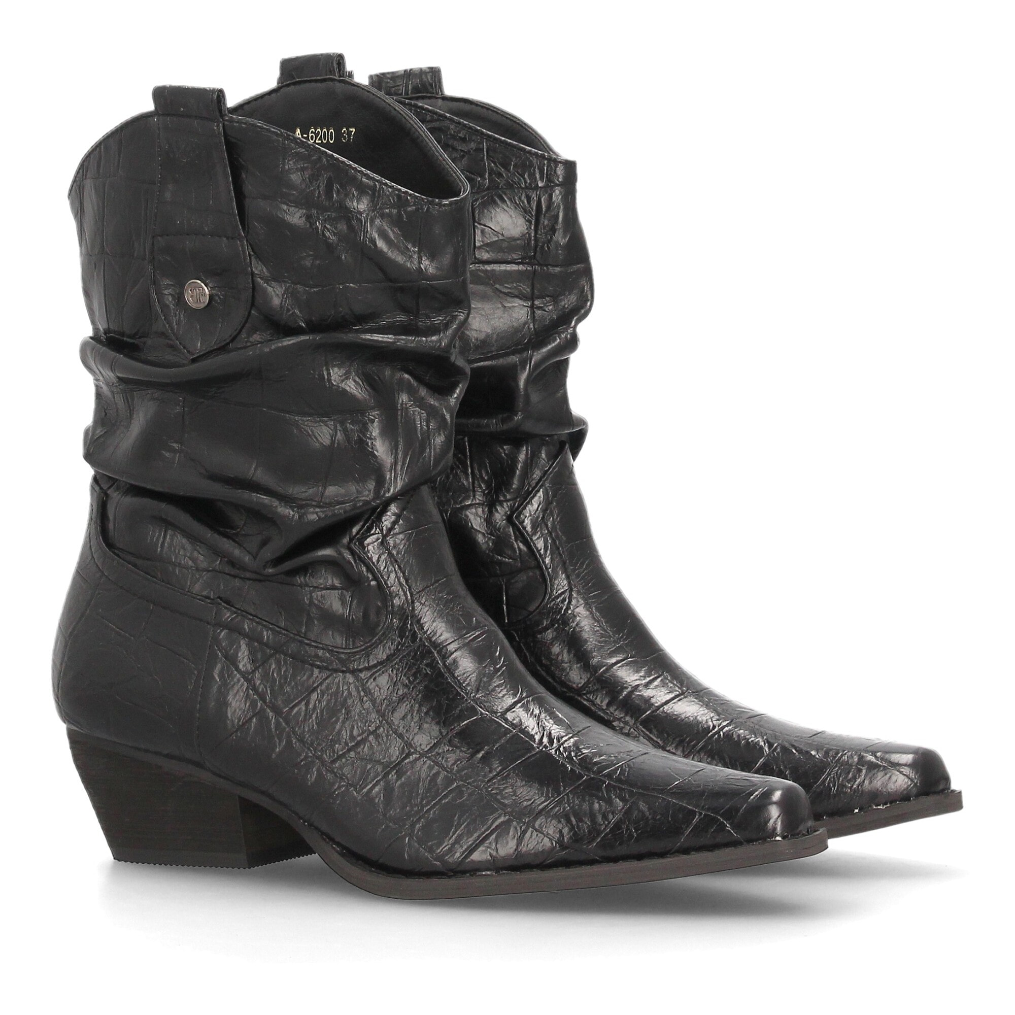 Botines cowboy fruncidos con grabado de cocodrilo para mujer
