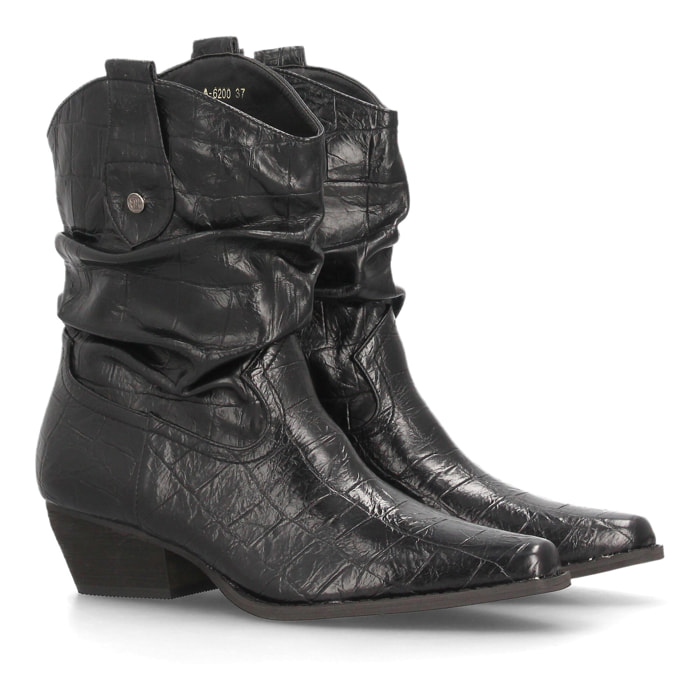 Botines cowboy fruncidos con grabado de cocodrilo para mujer
