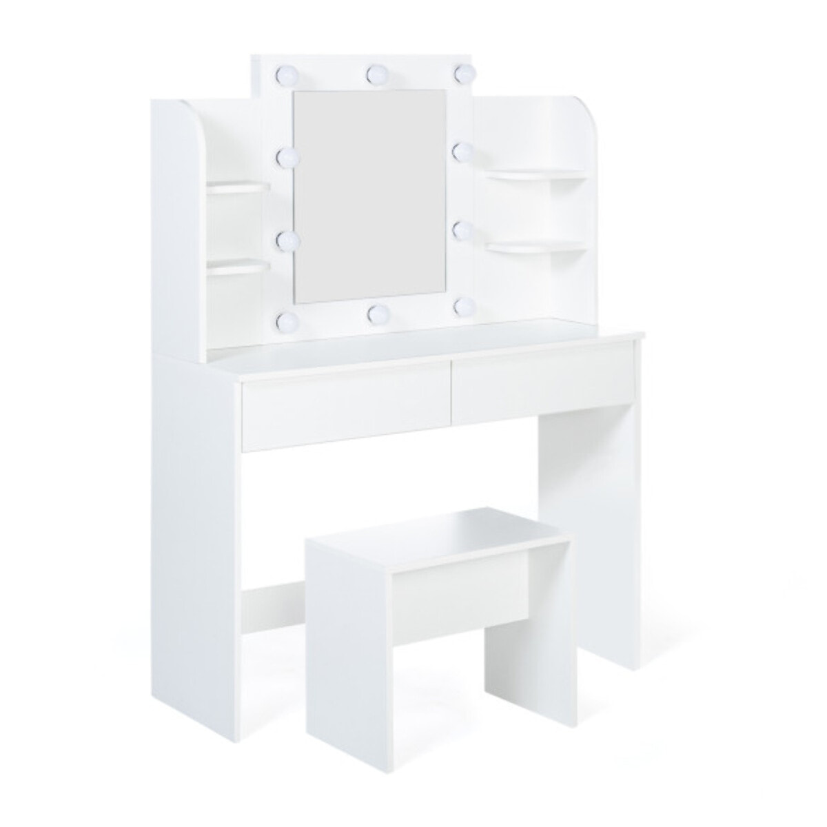 Coiffeuse Zita blanche double étagères, miroir LED et tabouret