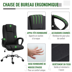 HOMCOM Fauteuil de bureau à roulettes chaise manager ergonomique pivotante hauteur réglable lin noir