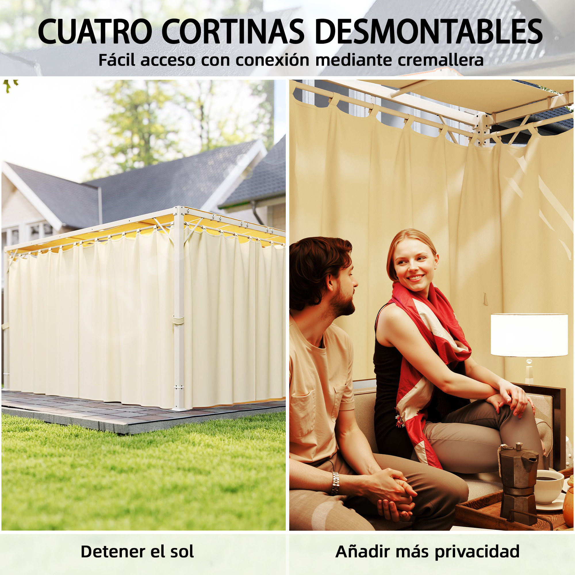 Pérgola de Jardín 3x4 m, Cenador de Jardín con Techo Ondulado, 4 Cortinas Extraíbles, Protección UPF50+ y Estructura de Acero Resistente, Pabellón para Exterior, Patio, Terraza, Beige