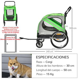 Remolque de Bicicleta Perros 2 en 1 Carrito Transporte para Mascotas con Puertas Enrollables Ventanas Cinturón de Seguridad Bandera y 6 Reflectores 140x72,5x108 cm Verde