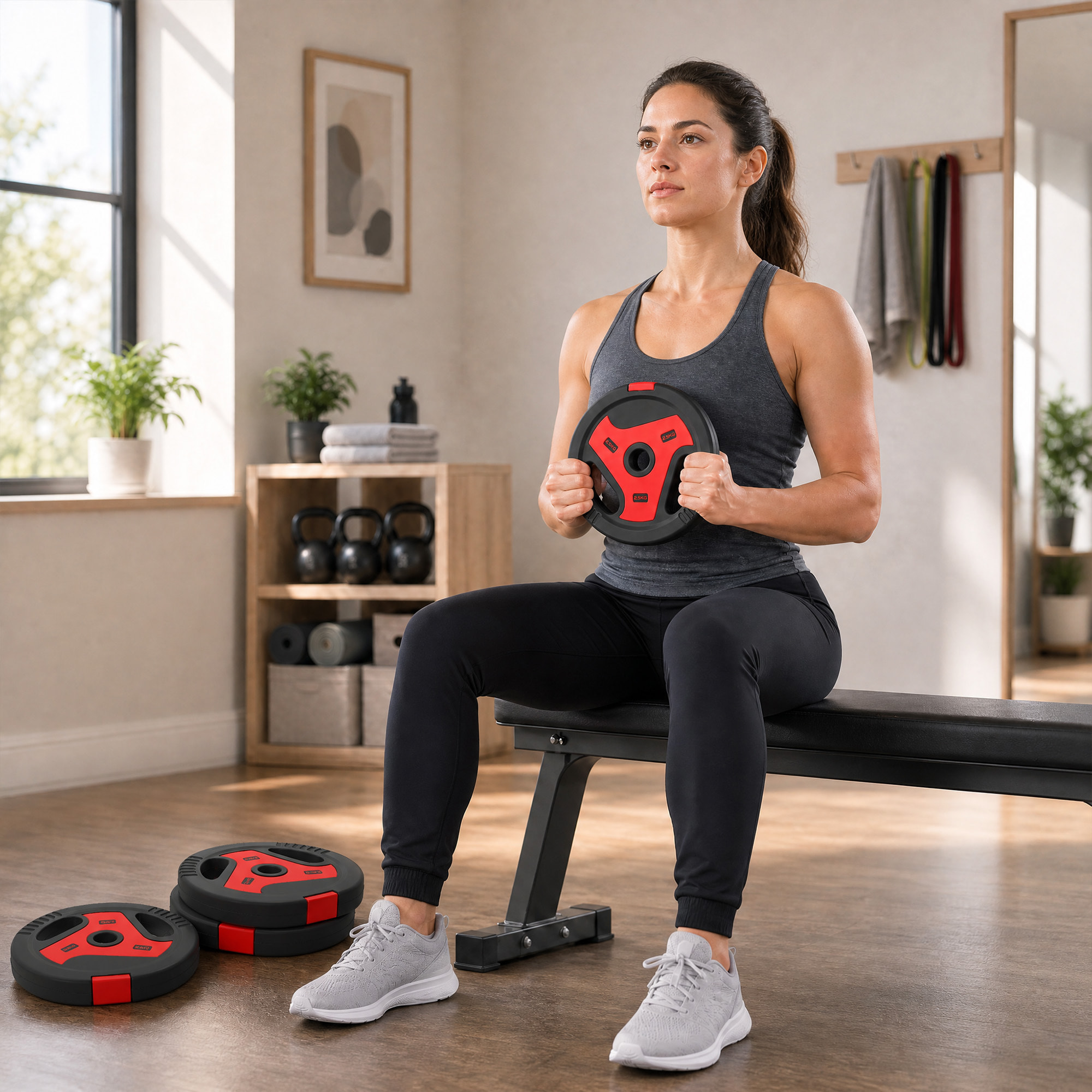 Juego de Discos de Pesas de 4 Piezas, Agujero Ø25 mm, Total 15 kg, 2x5kg, 2x2,5kg, de PP, Placas de Pesas con Agarres, para Mancuernas y Barras, para Casa, Gimnasio, Negro y Rojo