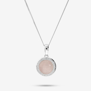 Collana in Argento 925 con Pendente Tondo in Quarzo Rosa e Cubic Zirconia