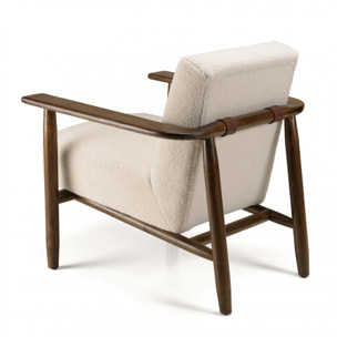 GASTON - Fauteuil tissu bouclette écru structure et accoudoirs en bois