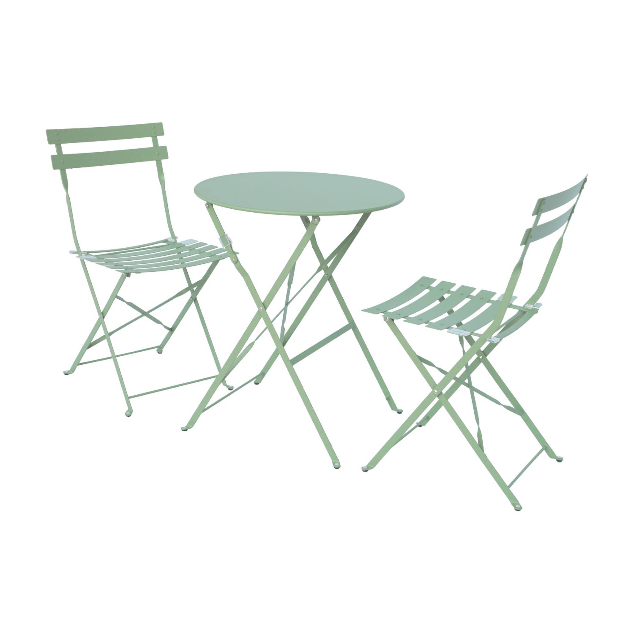 Table de jardin bistrot pliante métal + 2 assises vert de gris Ø60 x 70cm. acier thermolaqué