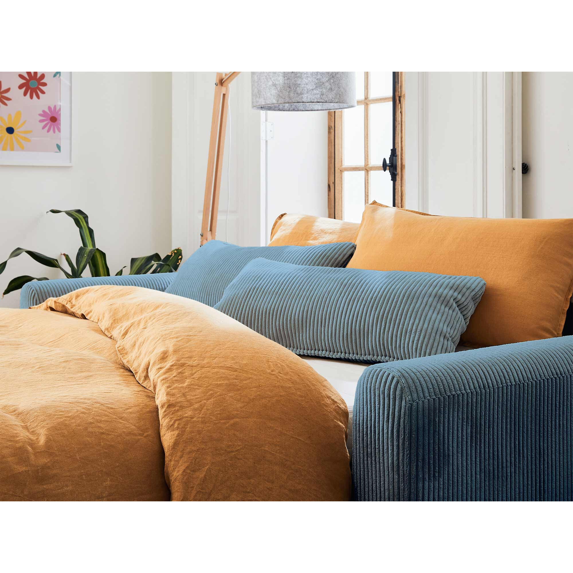 Owen - canapé lit 3 places convertible express couchage quotidien 140 cm matelas 12 cm en velours côtelé - Bleu grisé