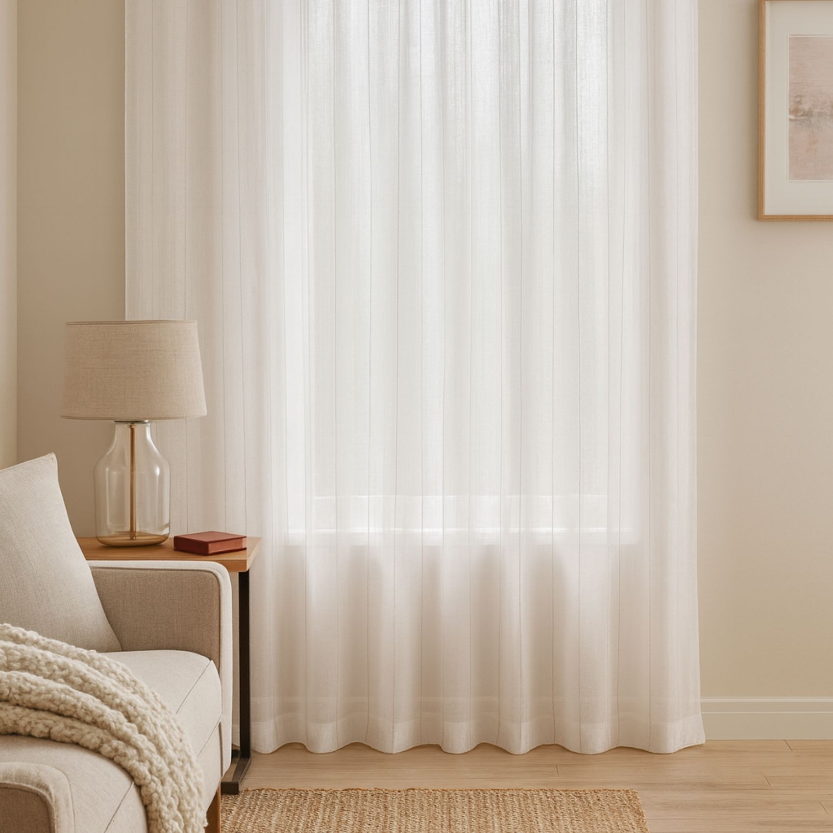 Voilage fines rayures brodées avec grande largeur - Blanc