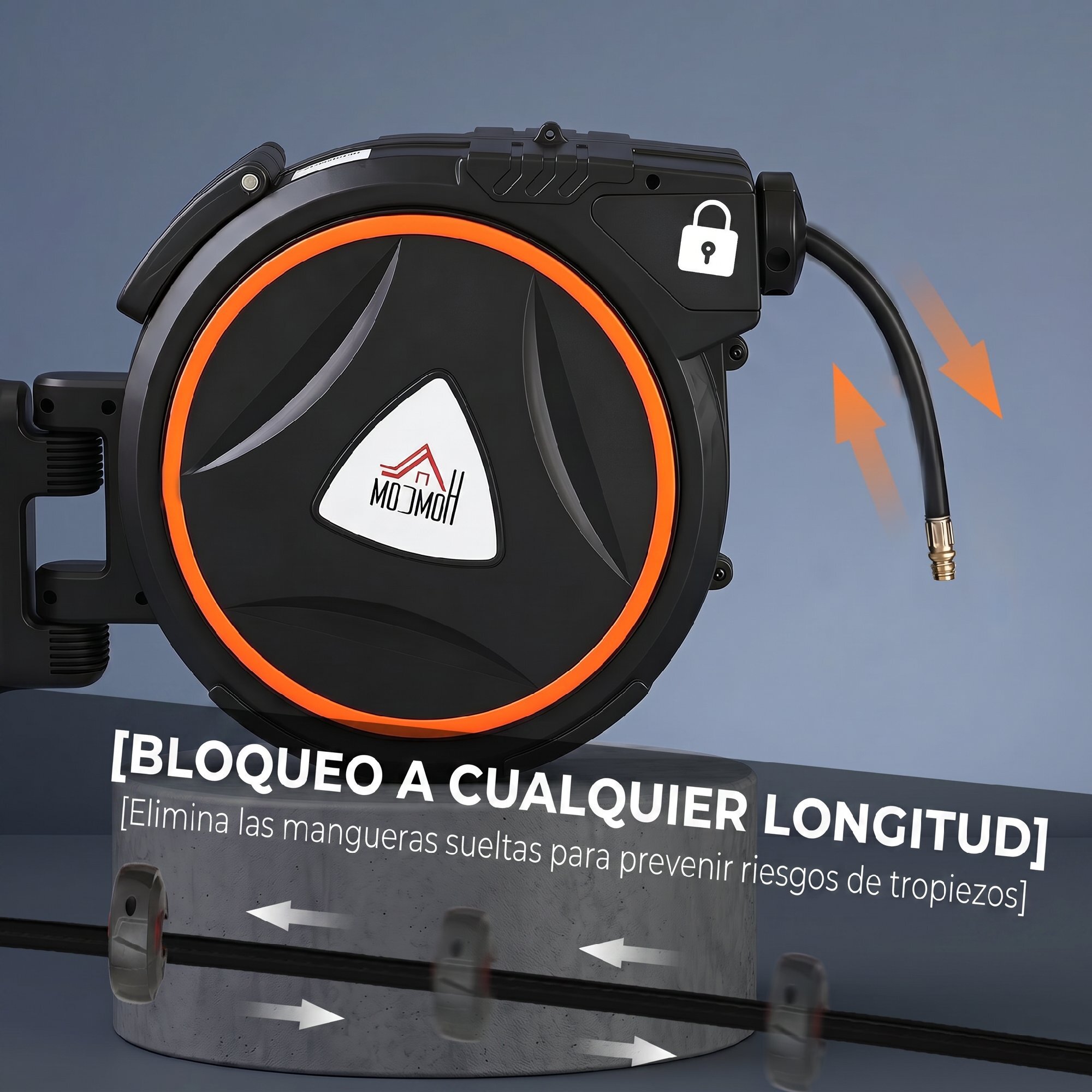 Carrete de Manguera de Aire Comprimido Automático de 20 m+2 m, Conector de 1/4'' BSP, Manguera Compresor Aire con Soporte para Pared Giratorio 180°, Negro