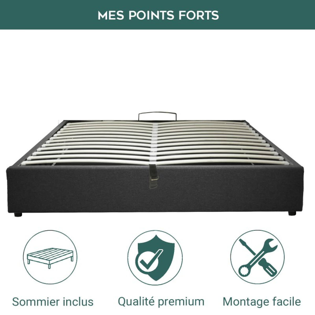 Lit coffre sommier relevable novateur gris | Ouverture horizontale | Modele Lounge Tissus | Grande capacite de stockage