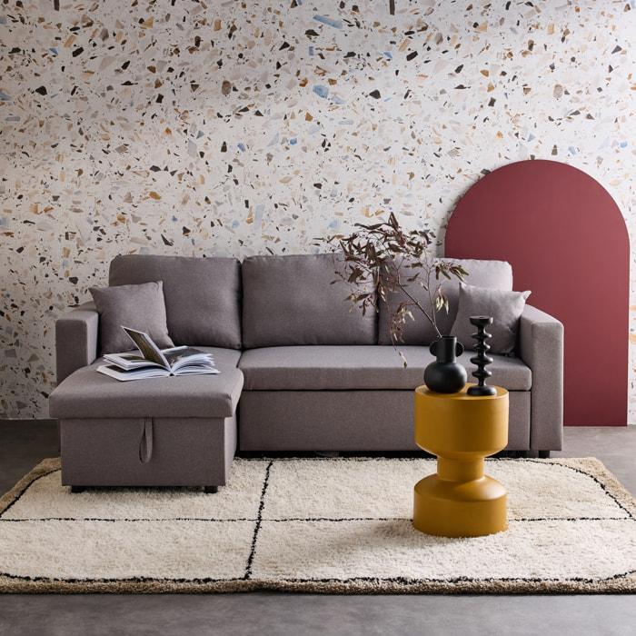 Canapé d'angle SMILE convertible réversible compact 3 places en tissu gris clair. L 213.5 x P 136.5 x H 83cm. avec coffre de rangement