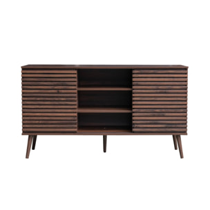 Buffet scandinave décor bois noyer avec 2 portes coulissantes rainurées et 4 étagères. buffet bas. L 140cm
