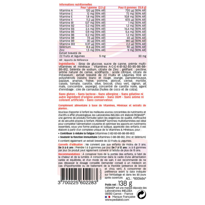 PEDIAKID - Gommes Multivitaminées - Formule Naturelle au Délicieux Arôme de Cerise - Contribue à la Réduction de la Fatigue - Soutient les Défenses Naturelles de l'Organisme - Lot de 2 piluliers