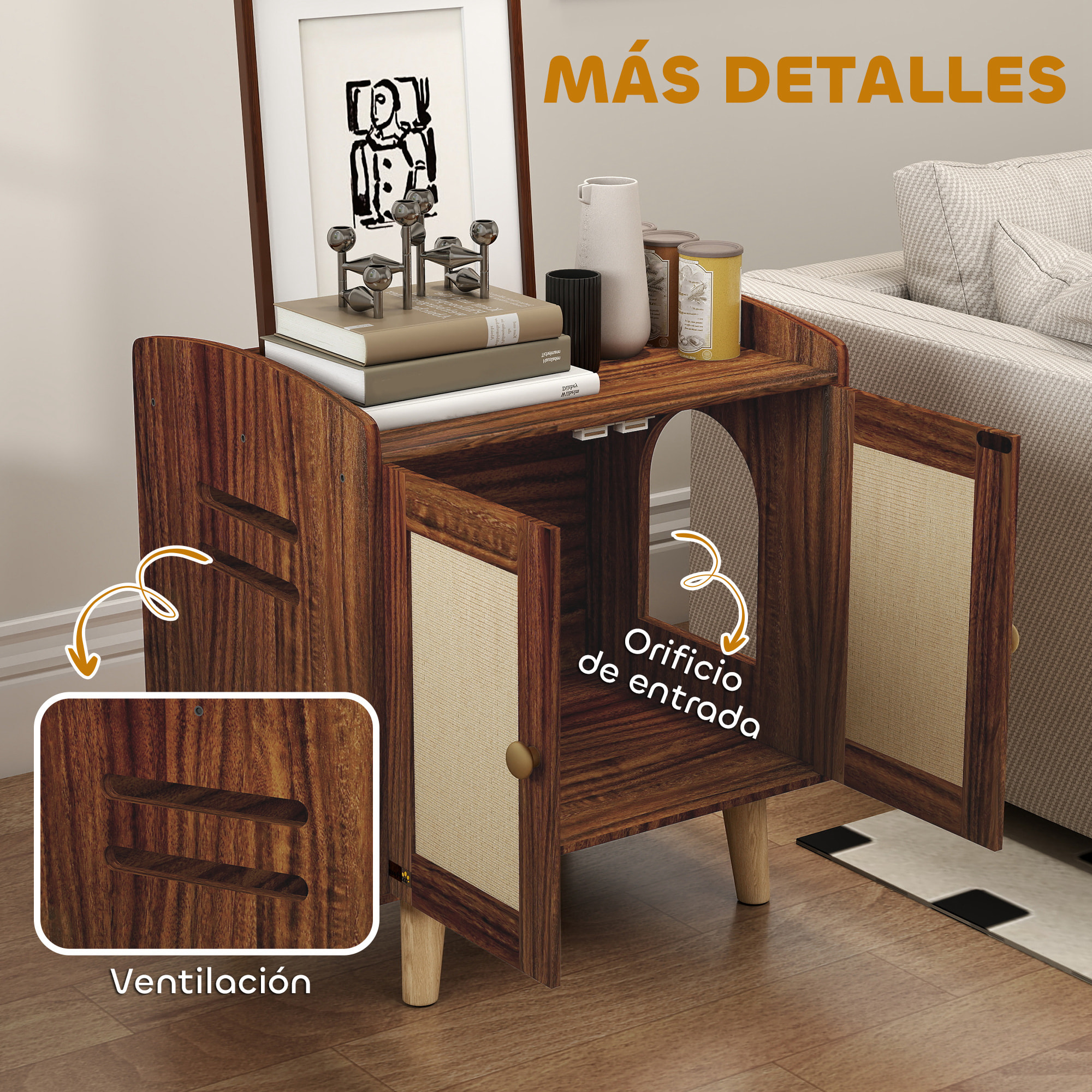 Mueble Arenero para Gatos Caja de Arena para Gatos Mesa Auxiliar con Puertas con Esteras de Sisal Patas de Madera para Salón Dormitorio 55x43x59,6 cm Marrón