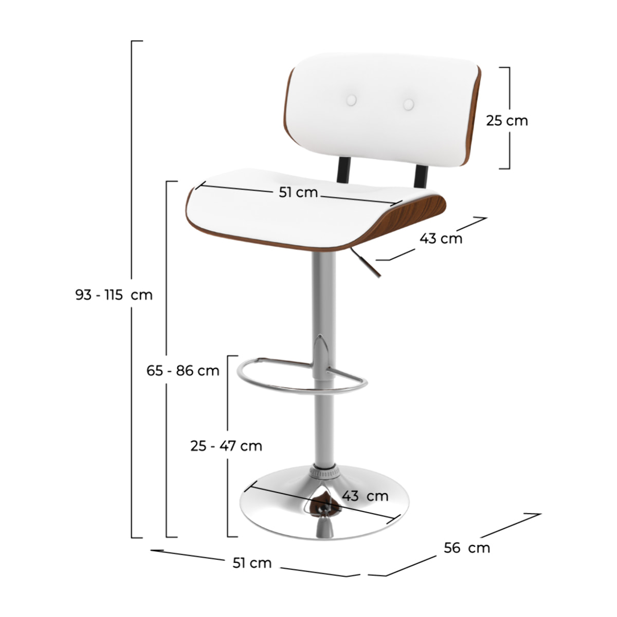 Chaise de bar réglable en PU blanc 65/86 cm - Melchior