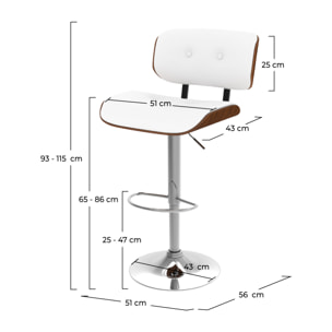 Chaise de bar réglable en PU blanc 65/86 cm - Melchior