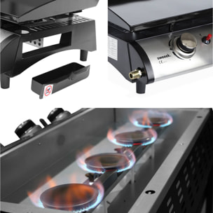 Plancha au gaz 4 brûleurs sur chariot - Porthos - 10kW. plancha à gaz avec desserte . cuisine extérieure. plaque émaillée. inox. barbecue