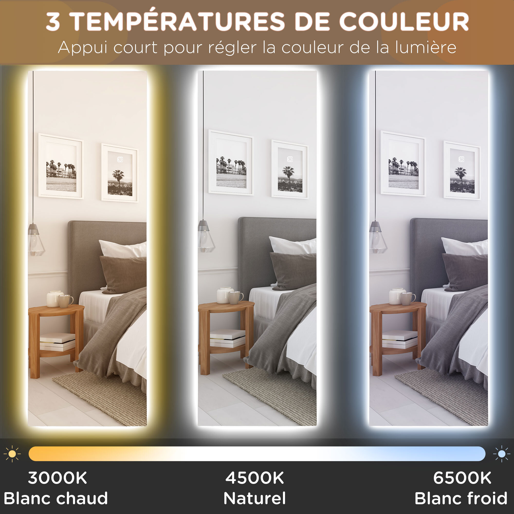 Miroir mural LED pleine longueur dim. 40L x 120H cm - miroir LED réglable tactile - verre trempé