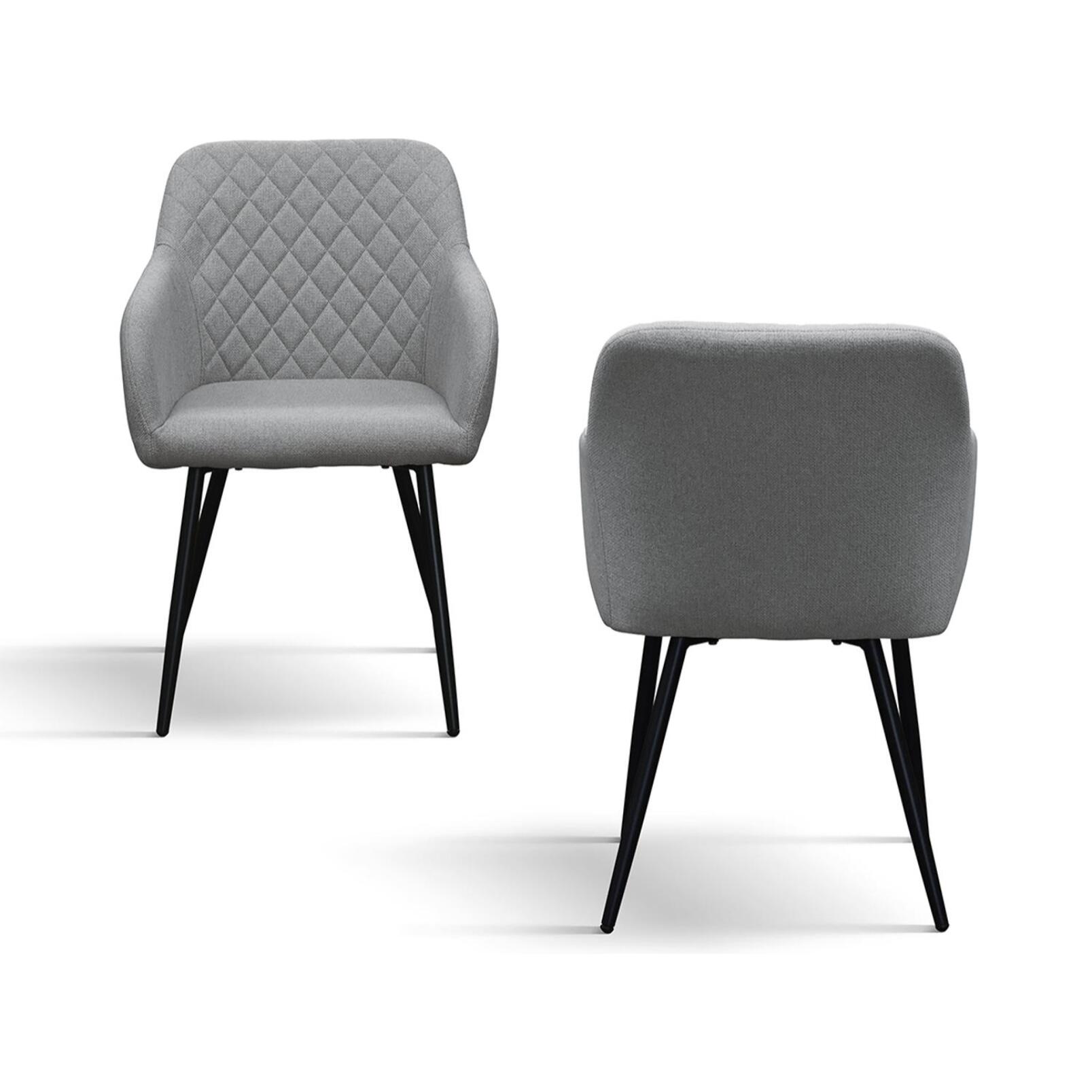 Set di 4 sedie LISBONA in tessuto grigio e gambe in metallo nero, con braccioli