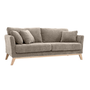Canapé scandinave déhoussable 3 places en tissu effet velours texturé taupe et bois clair OSLO