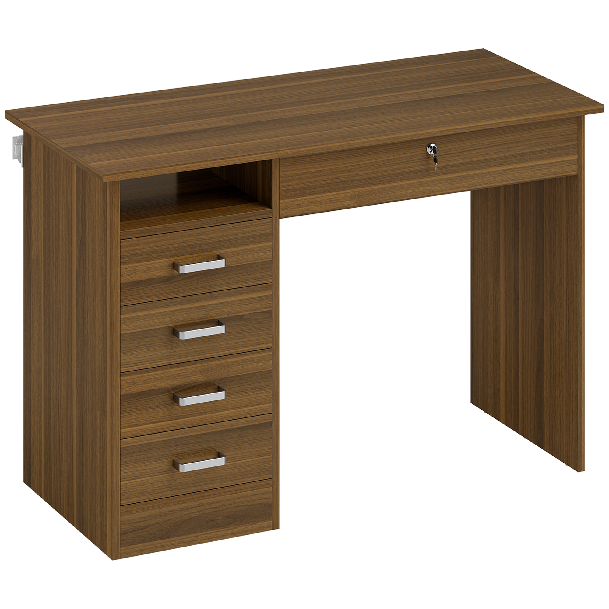 Bureau informatique multimédia multi-rangement 5 tiroirs niche 110L x 50l x 76H cm noyer