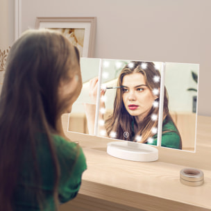 Espejo Maquillaje con Luz, Espejo Tocador Triple, con Aumento 1X/2X/3X, Rotación Libre de 180°, 21 Luces LED, Interruptor Táctil, Fuente de Alimentación Dual, Blanco