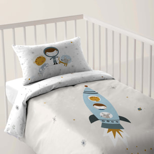 Funda Nórdica Estampada - Reversible - Infantil - Cierre Solapa - 100% Algodón - Incluye 1 Funda de Almohada - Cuna/Maxicuna - Viaje Espacial