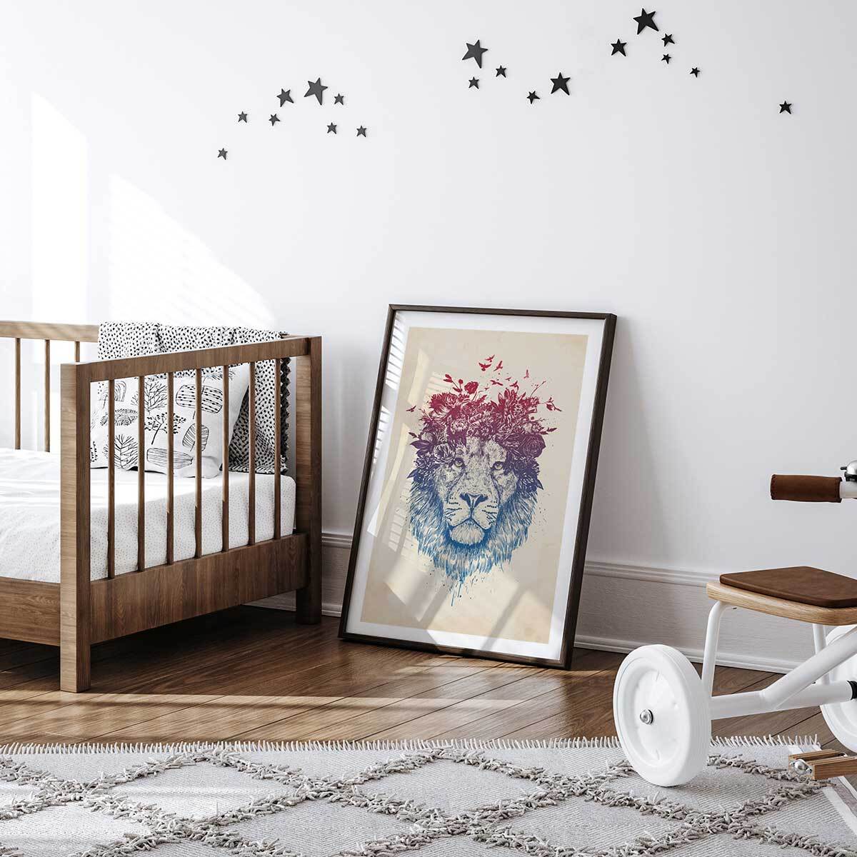 Affiche enfant lion aux fleurs  Affiche + cadre en bois - Noir