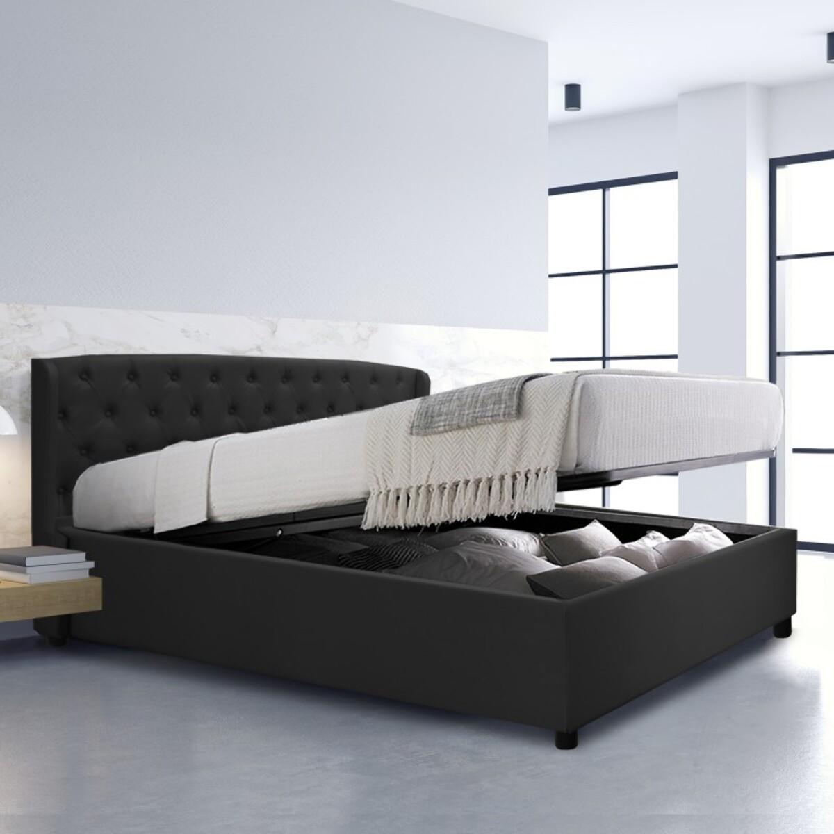 Lit coffre sommier relevable noir | Modele Naples Simili Cuir | Grande capacite de stockage