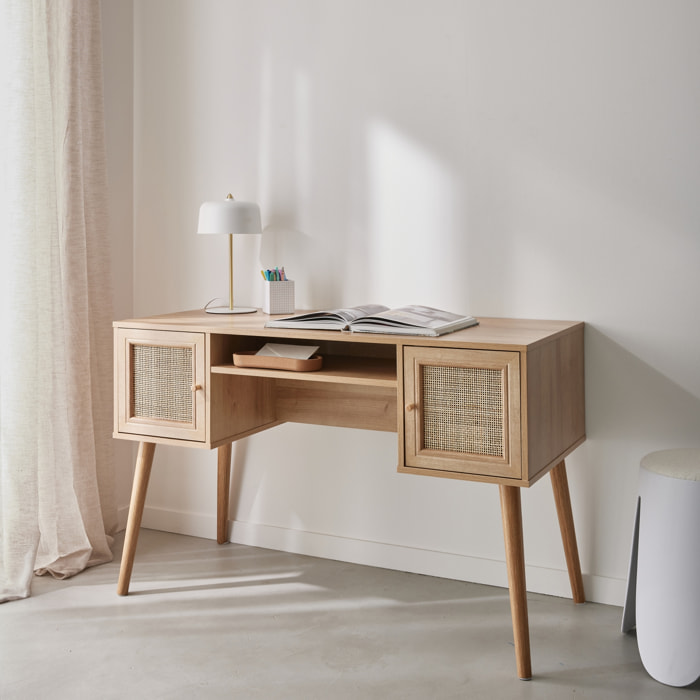 Bureau décor bois et cannage 2 portes BOHÈME
