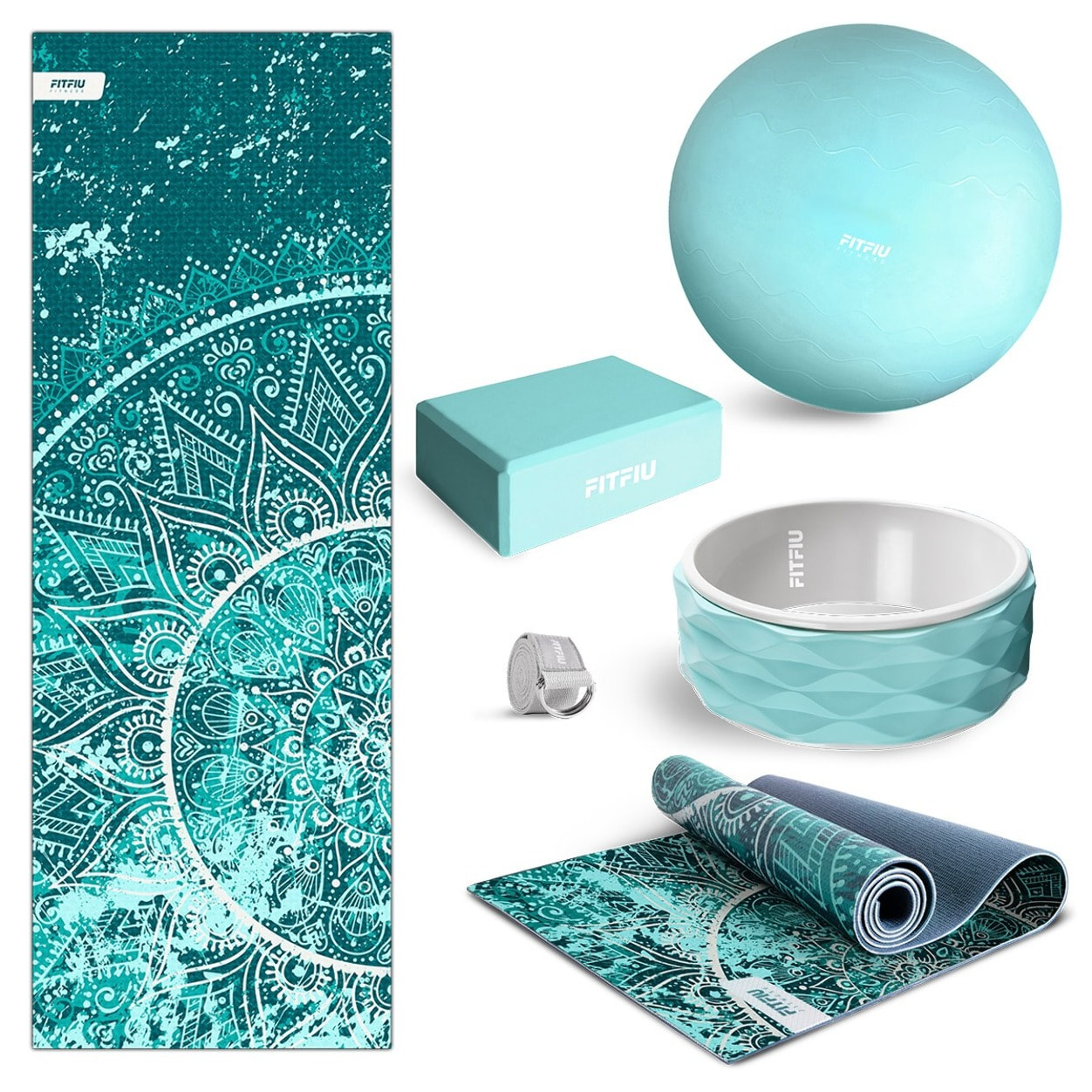 Kit de Yoga y Pilates AZUL 5 accesorios con esterilla, bloque, bola, rueda correa