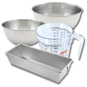 Set pâtisserie avec moule à cake acier, 2 bols à mixer, verre mesureur et spatule Zenker