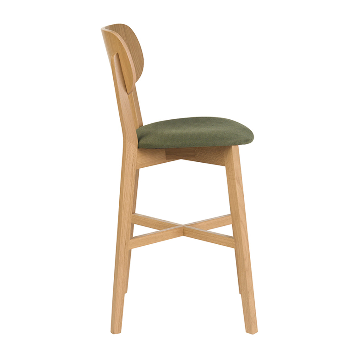 Tabouret de bar en bois clair chêne et tissu effet velours texturé vert kaki H65 cm LUCIA