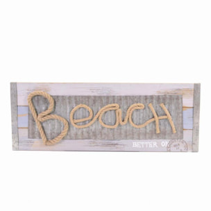 Targhetta Mare in legno con scritta "beach" in corda rettangolare cm60x22x2,5