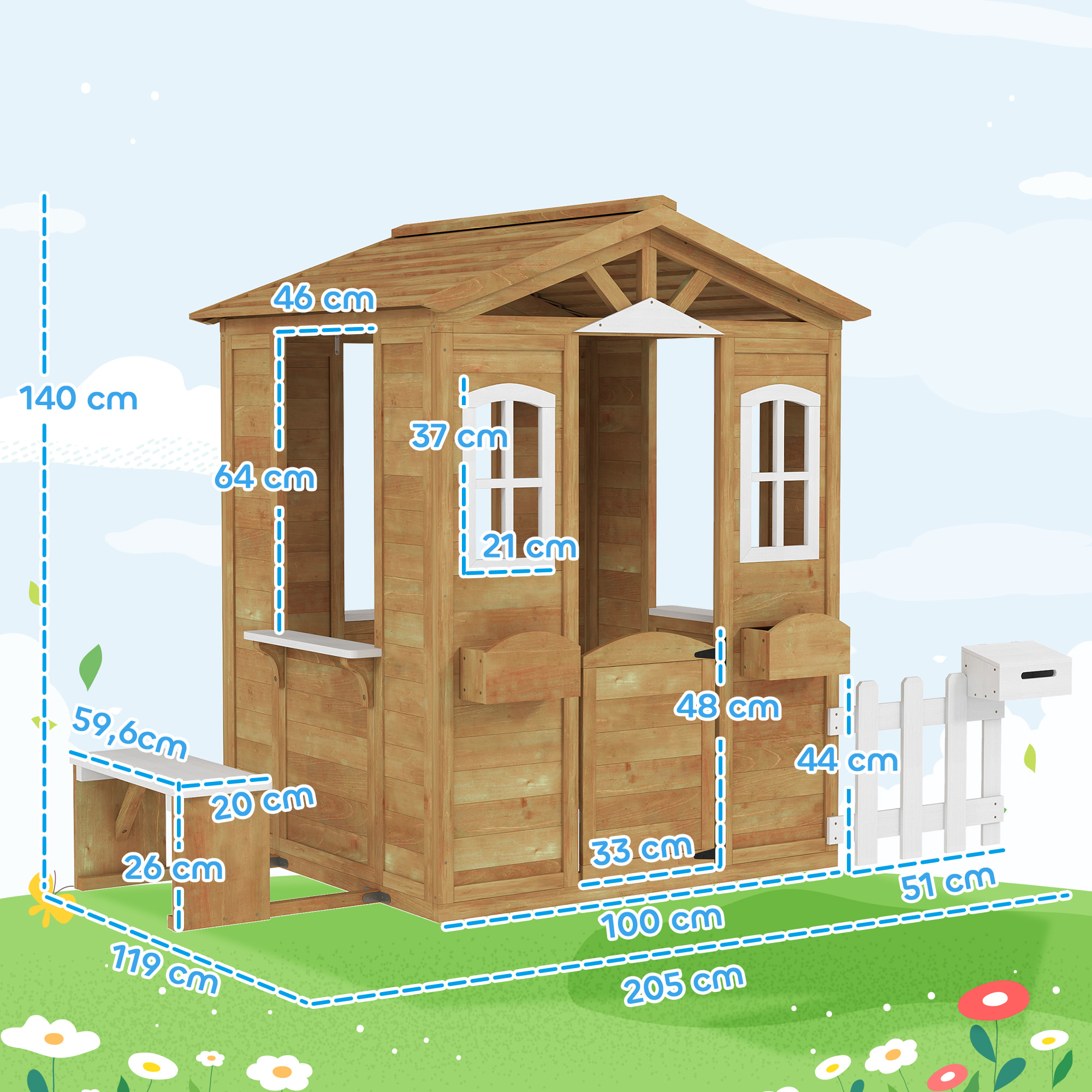 Casita Infantil Exterior de Madera Casita Infantil de Jardín con Buzón Ventanas Jardinera Mostrador y Banco Casa de Juegos para Niños a Partir de 3 Años Natural