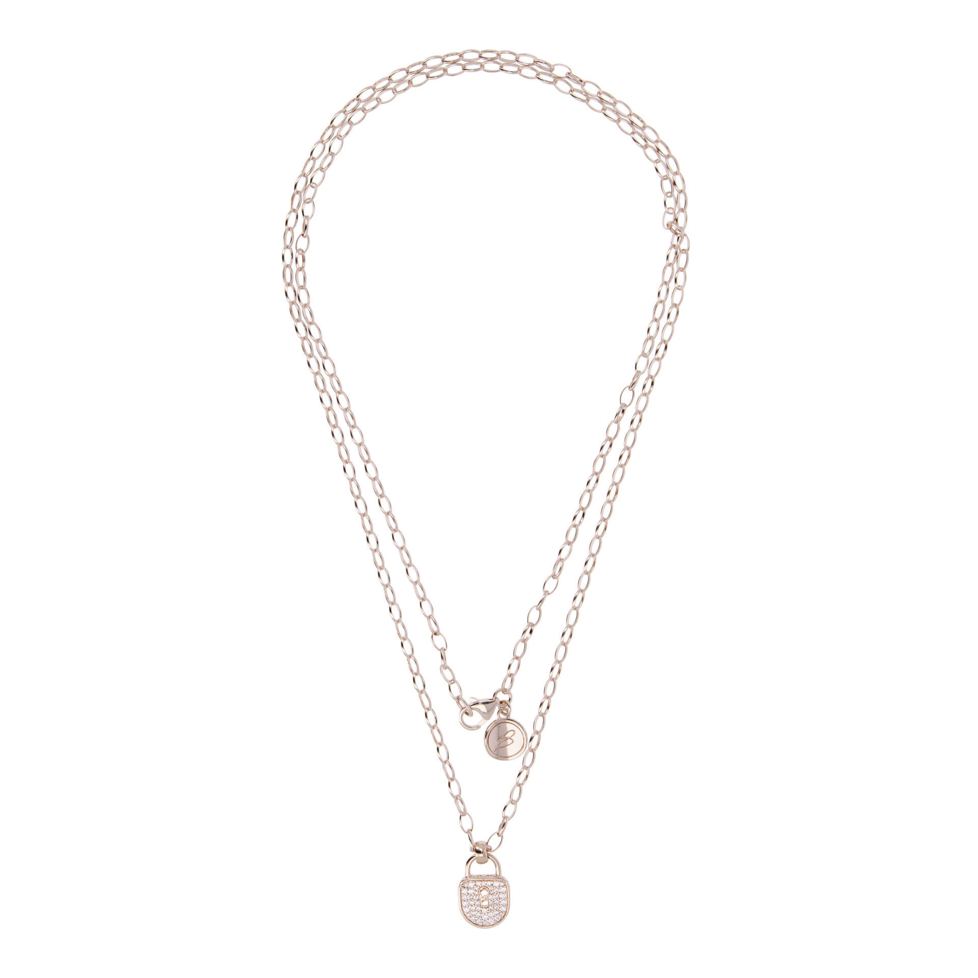 Collana Lunga Catena Rolo Ovale con Pendente Lucchetto in Pavé di Cubic Zirconia