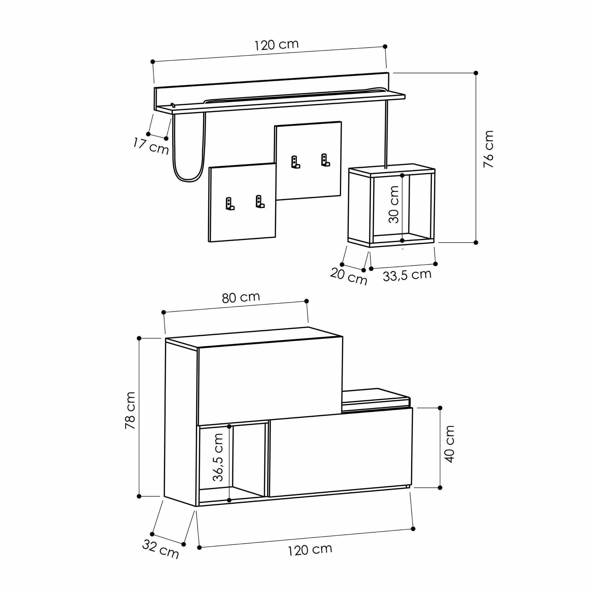 Mobile da ingresso Dgiorgin, Entratina appendiabiti, Composizione per atrio, Consolle portaoggetti multifunzione, 120x17h76 cm, Antracite e Rovere