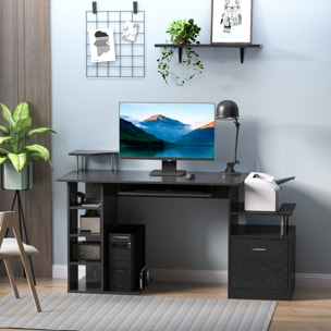 Mesa de Ordenador Mesa de Escritorio con 6 Estantes Cajón Bandeja de Teclado y Soportes para Monitor Impresora para Oficina Estudio 152x60x88 cm Negro