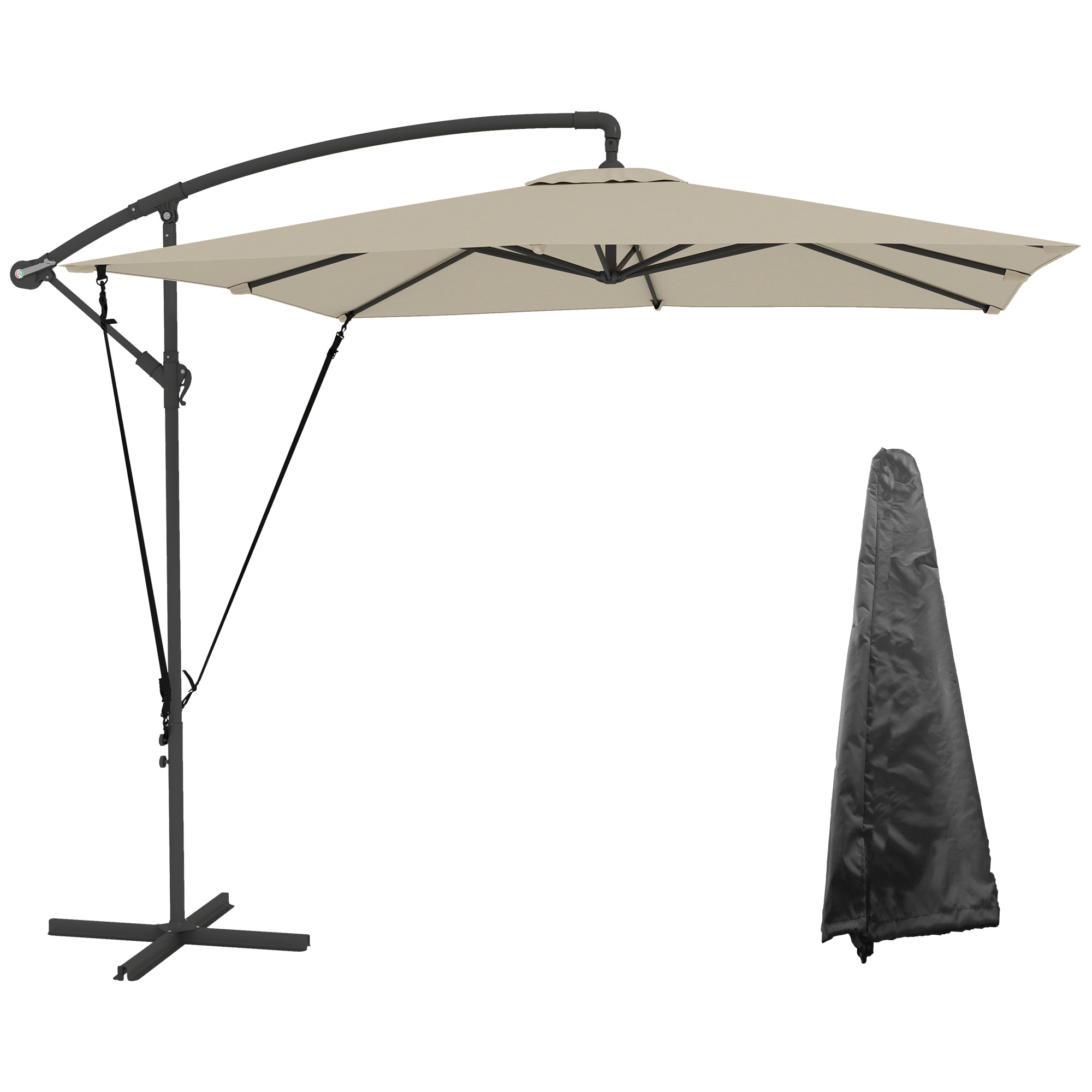 Parasol Excá©ntrico 247x247 cm Sombrilla de Jardín con Base Cruzada Cubierta Ajustable Manivela Funda Protectora y Cuerda de Viento Anti-UV 50+ Sombrilla para Terraza Patio Caqui
