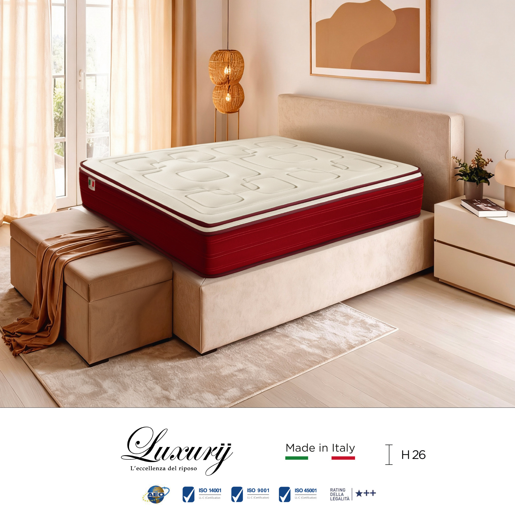 "Ravello" H26 cm 160x190 2 guanciali Memory OMAGGIO a molle insacchettate e 2cm memory