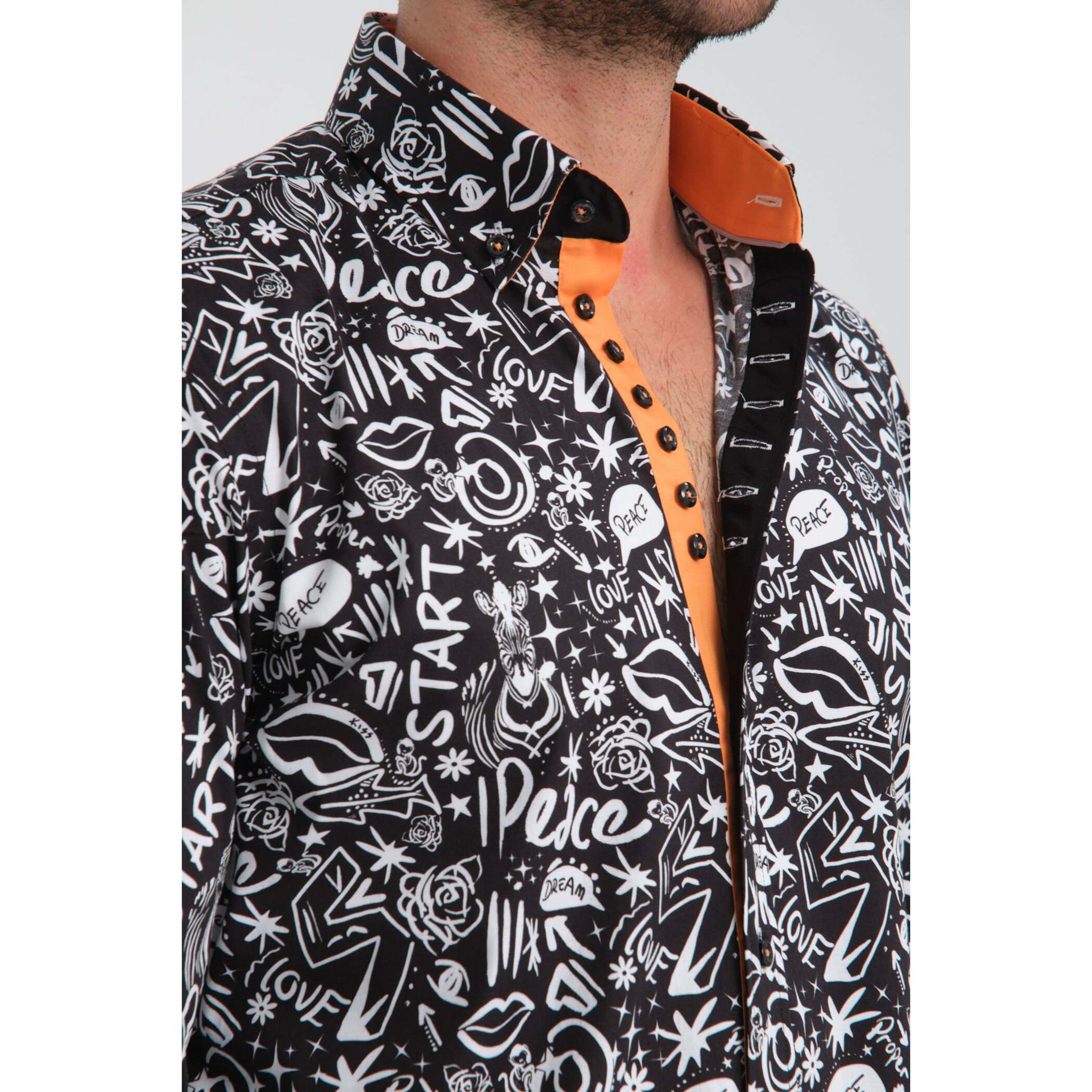 Camicia Uomo 1 Bottoni Button Down Slim Popeline Stretch Stampato Nero/Bianco