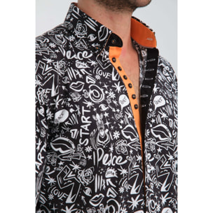 Camicia Uomo 1 Bottoni Button Down Slim Popeline Stretch Stampato Nero/Bianco