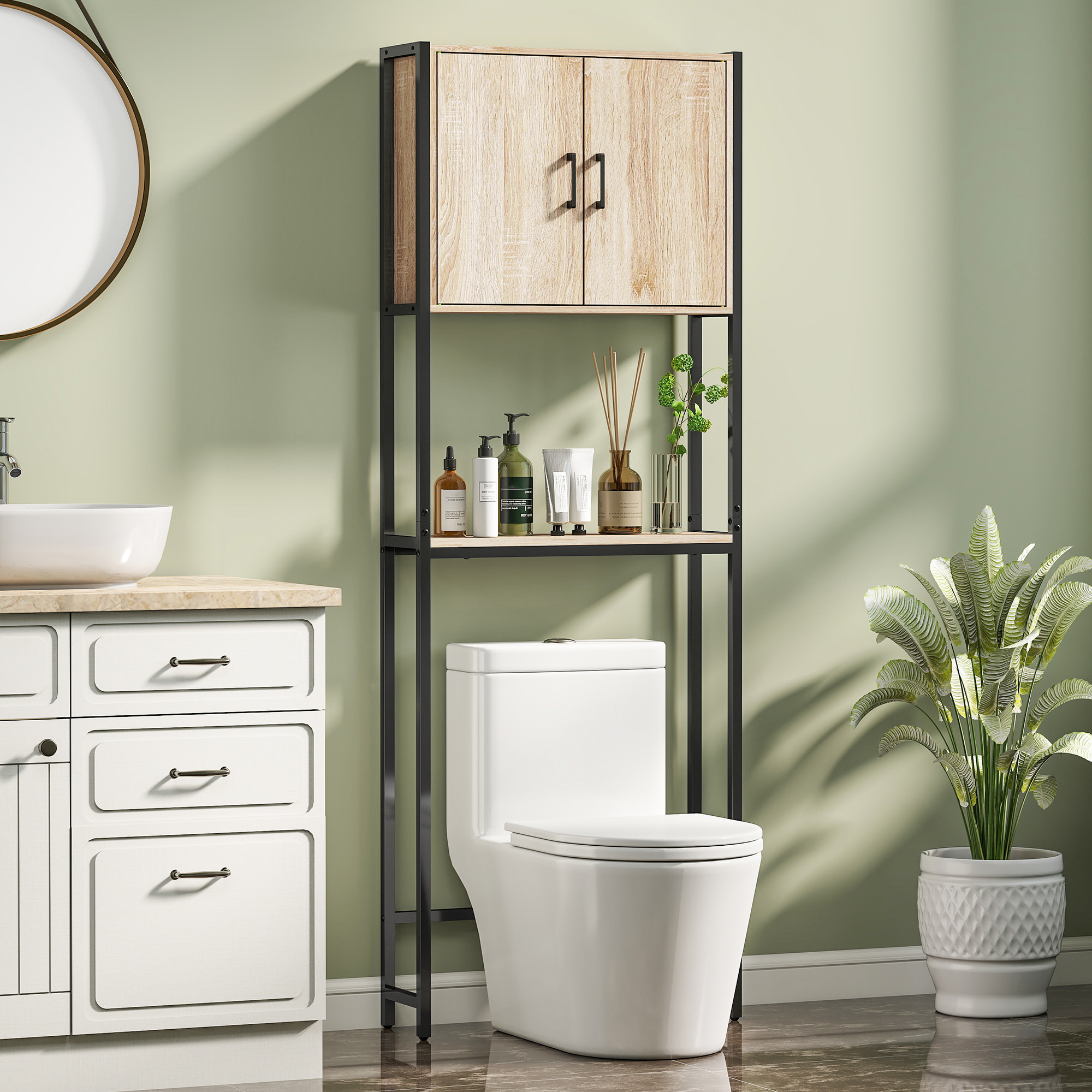 Mueble sobre Inodoro, Organizador sobre WC con 2 Puertas, Estante Ajustable, Estante Abierto, Estantería de Baño encima WC para Espacio Pequeño, 64x19x178 cm, Natural