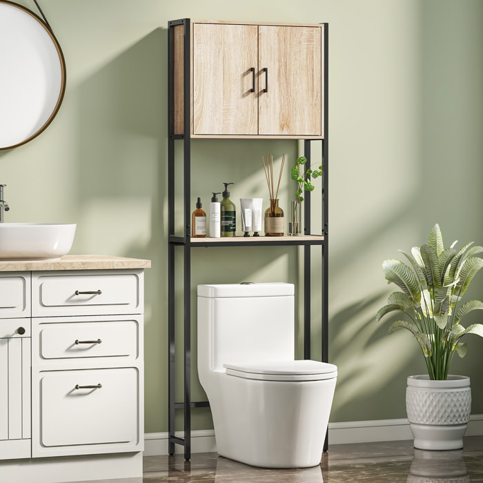 Mueble sobre Inodoro, Organizador sobre WC con 2 Puertas, Estante Ajustable, Estante Abierto, Estantería de Baño encima WC para Espacio Pequeño, 64x19x178 cm, Natural