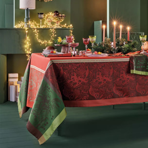 Set pur coton anti tache motif jacquard Noel fruite rouge