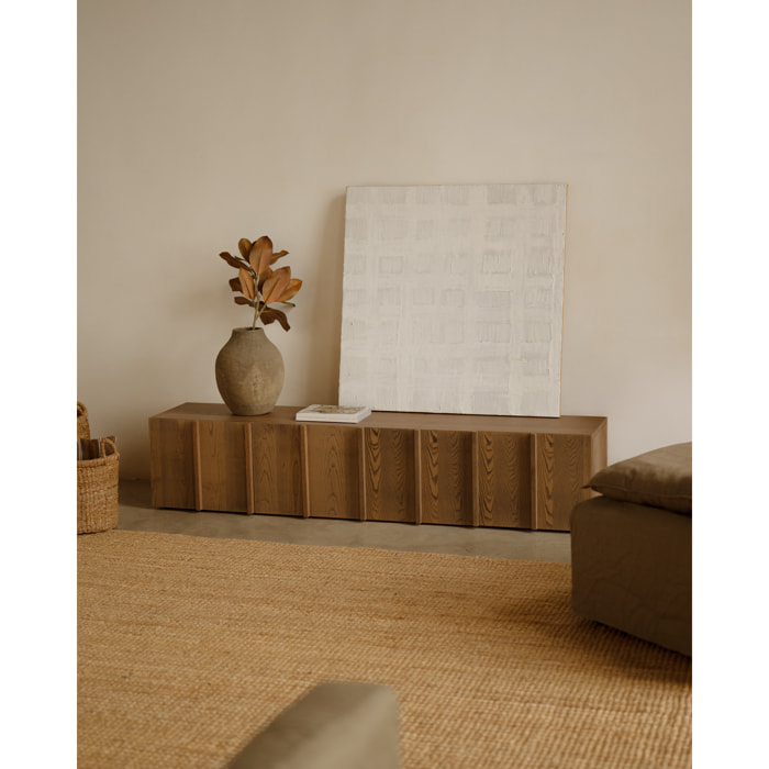 Mueble TV de chapa de fresno natural con listones en tono avellana en varias medidas