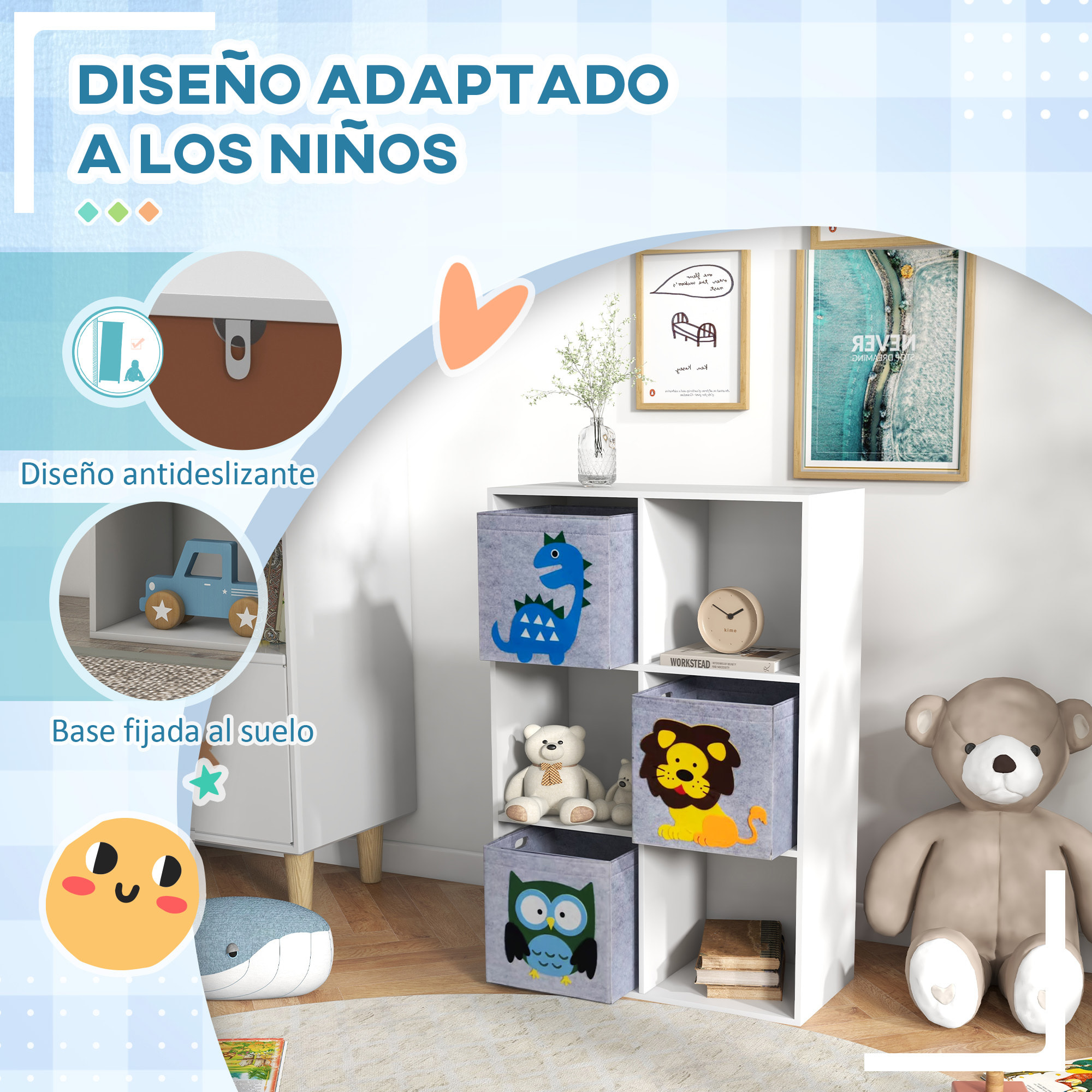 Estantería para Juguetes Infantil Librería para Niños de +3 Años con 6 Compartimientos de Almacenaje y 3 Cajones de Tela no Tejida con Imagen de Animales 61,8x29,9x91,5 cm Blanco y Gris