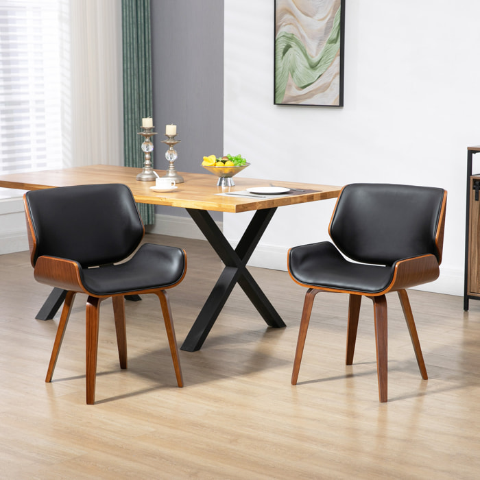 Pack de 2 Sillas de Comedor Tapizadas en Cuero Sintético, Sillas de Cocina con Asiento, Respaldo Curvados y Acolchados, Patas de Madera, Negro