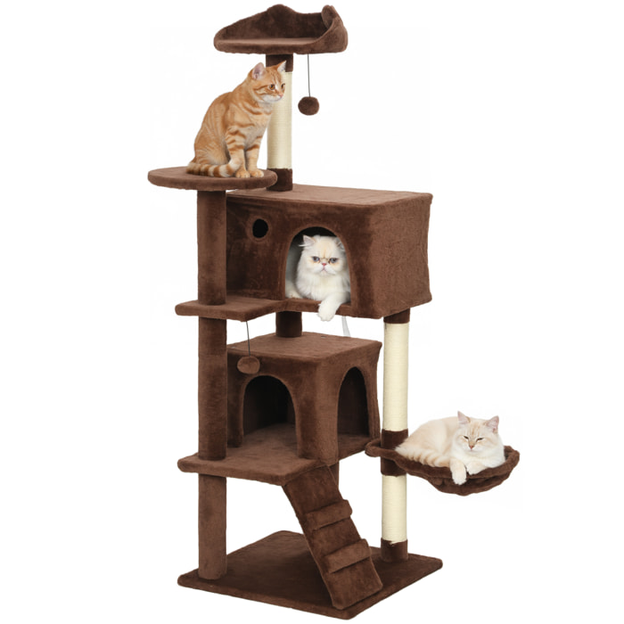 Árbol Rascador para Gatos, Árbol para Gatos 140 cm, Torre Escalador con Múltiples Plataformas, Cama, 2 Cuevas, Hamaca, Escalera, Postes de Sisal, Bolas para Jugar, Marrón